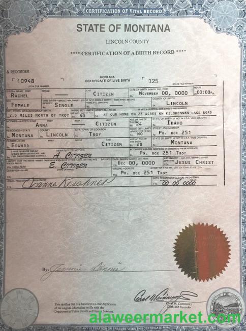 USA Montana state birth certificate template in PSD format